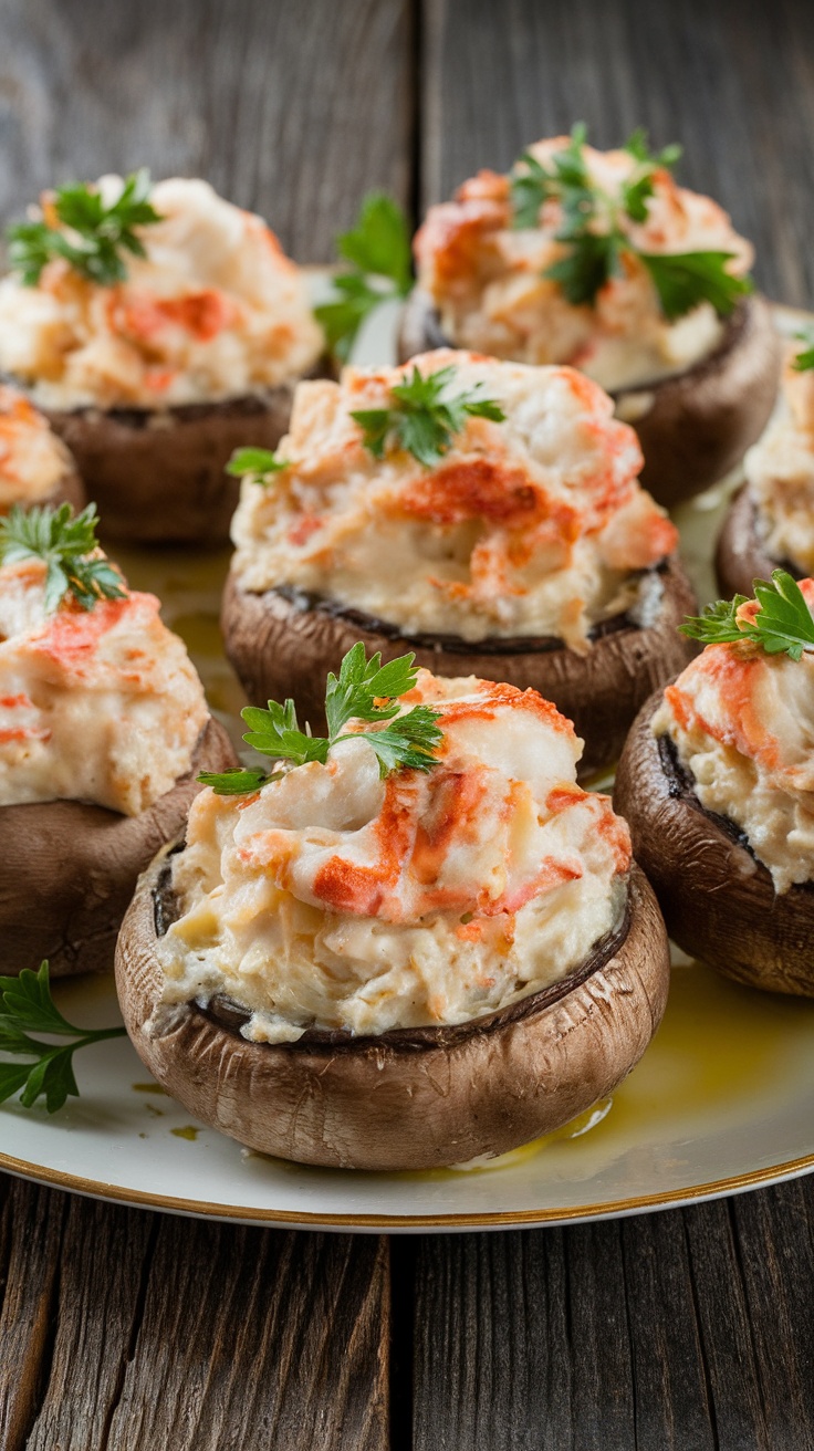 Baked Crab-Stuffed Portobello Mushrooms on a plate, garnished with parsley and olive oil.